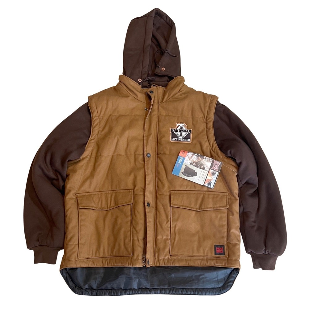 Tough Duck Mens XL Brown Cotton Duck Convertible Canvas Work Jacket Vest Hooded